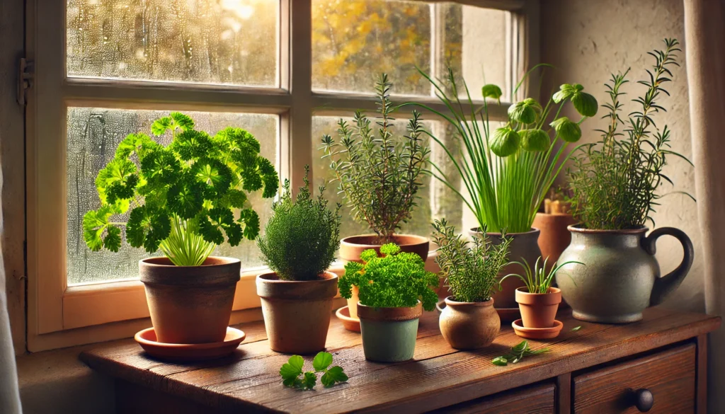 Frische Kräuter auf Fensterbank